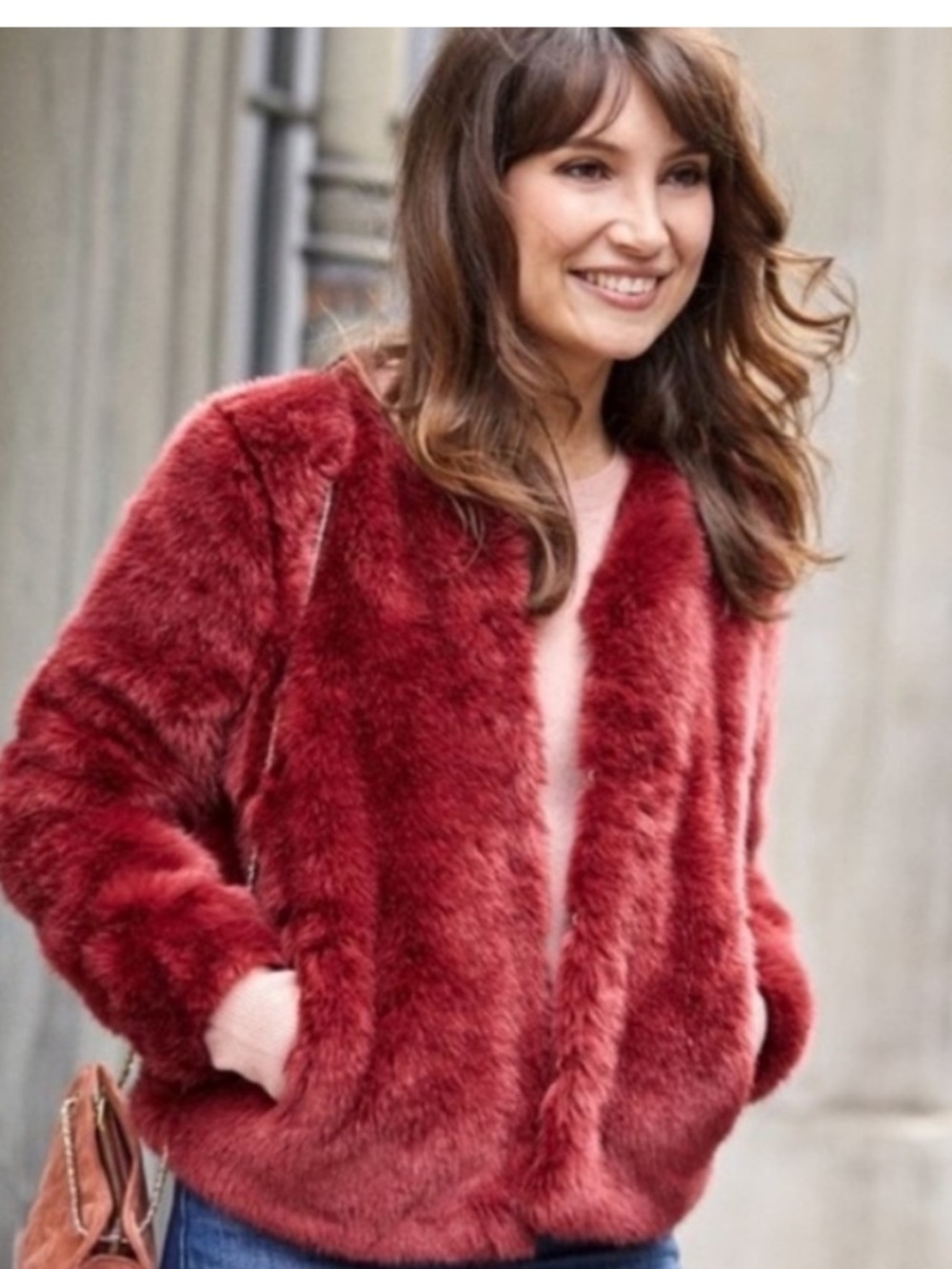 SEZANE Lio Jacket Coat in Red Pomegranate/ Grenade Faux Fur Size 36 4
